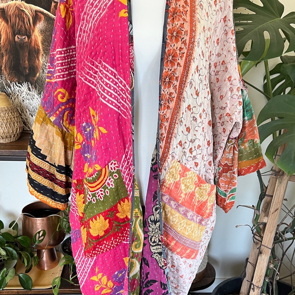 Kantha India Sari Colorful Bell Sleeve Kimono Robe OS NWOT - Picture 4 of 16